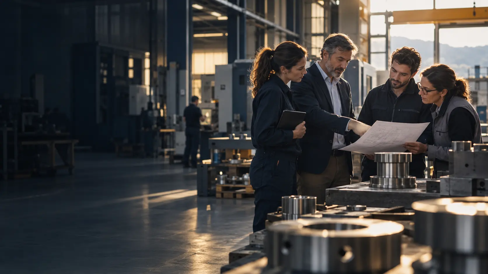 Team di una PMI al lavoro in un moderno ambiente produttivo
